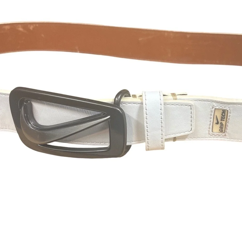 Nike Golf White Leather Belt Mens 40 Swoosh Logo Buckle Grip Tech 11031-04